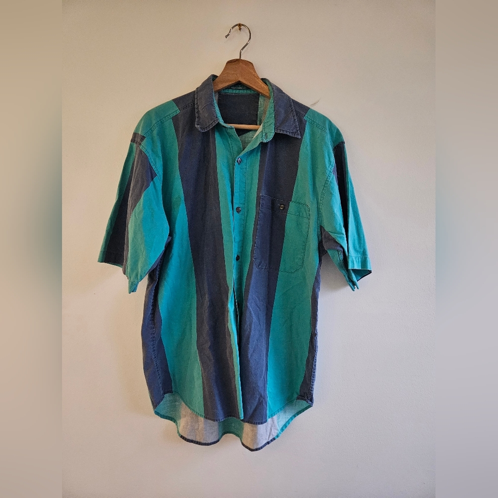 Vtg Blue PERMIT Button Up Shirt Striped Pattern Large Cotton 1 Pocket 1990s